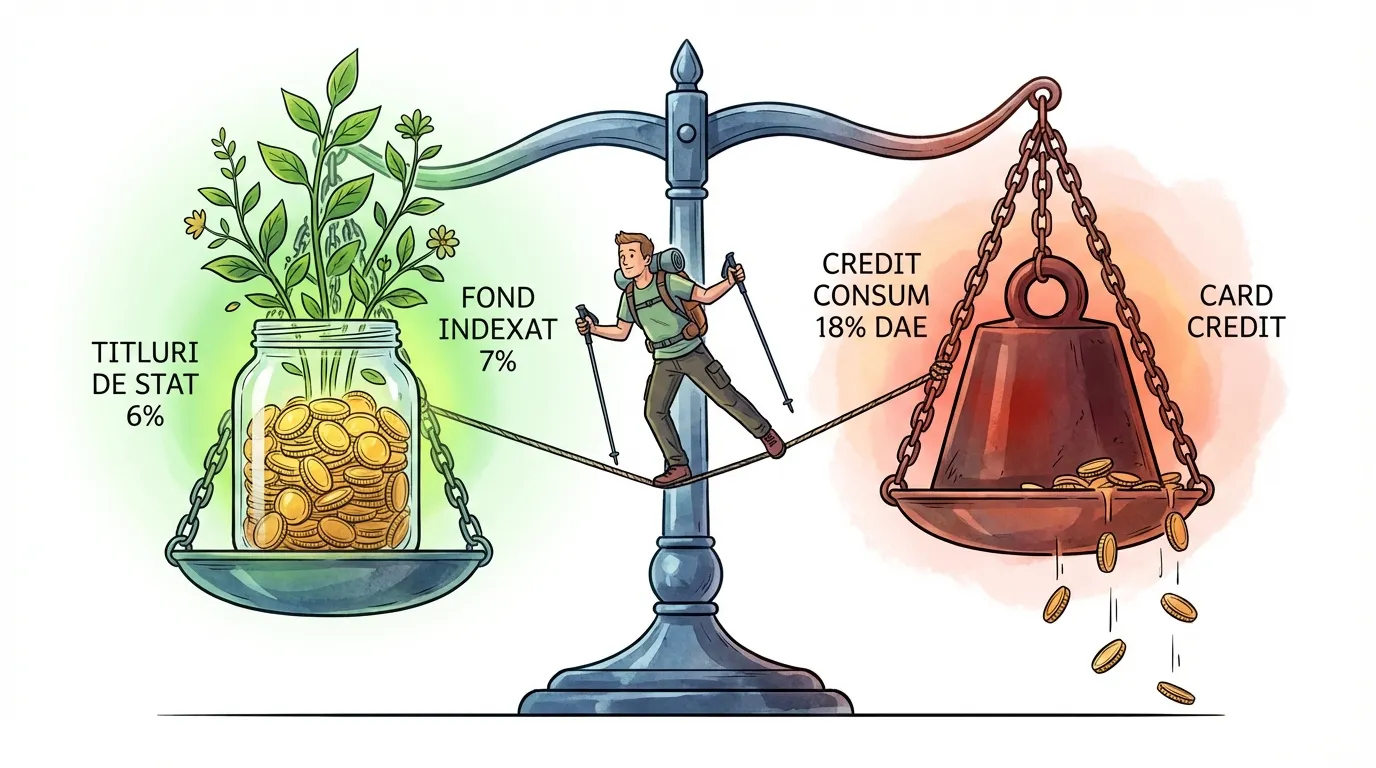 Balanță între economii (titluri de stat, fond indexat) și datorii (credit consum 18% DAE, card credit)