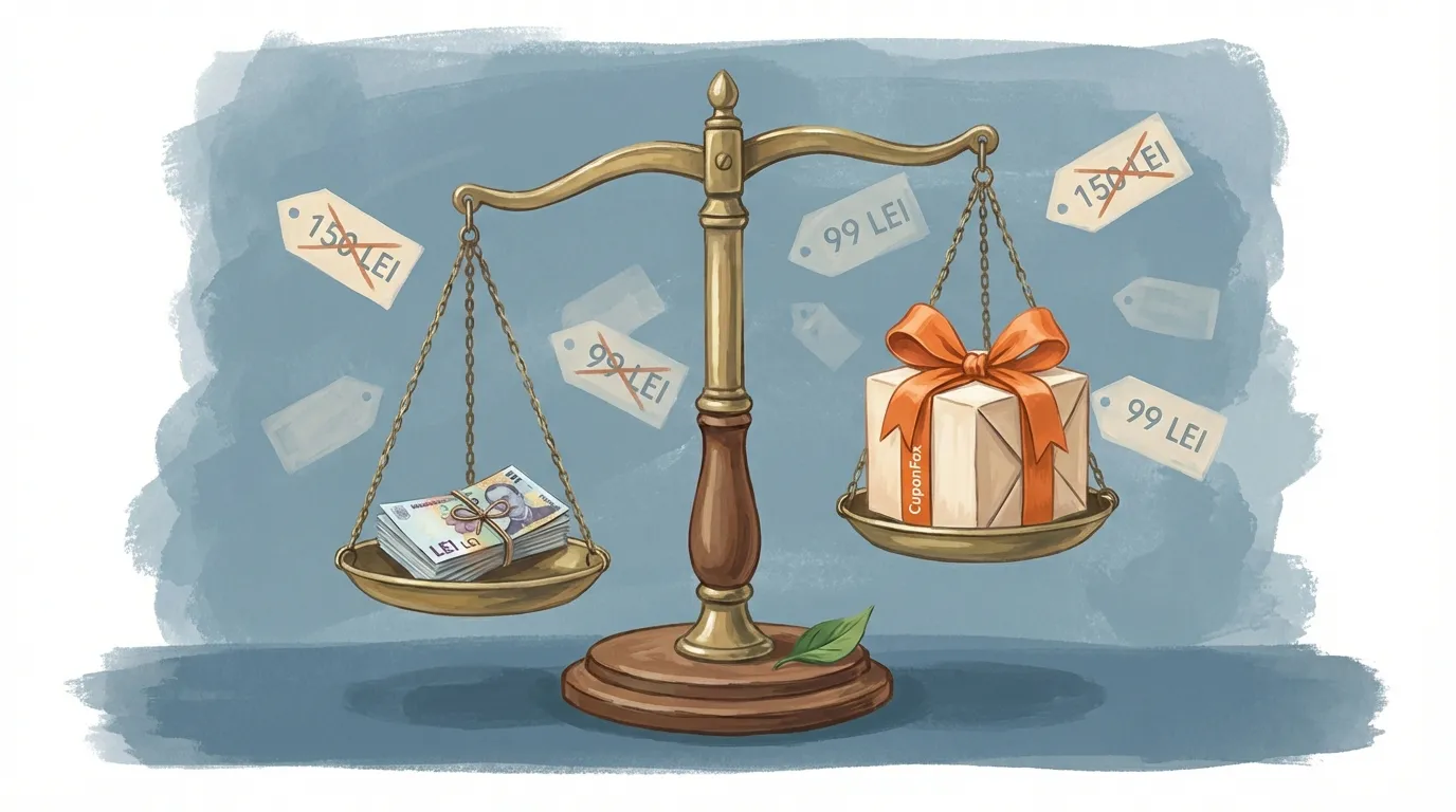 Balanță veche cu bancnote lei pe o parte și un cadou cu fundă portocalie pe cealaltă, etichete de preț plutind în fundal