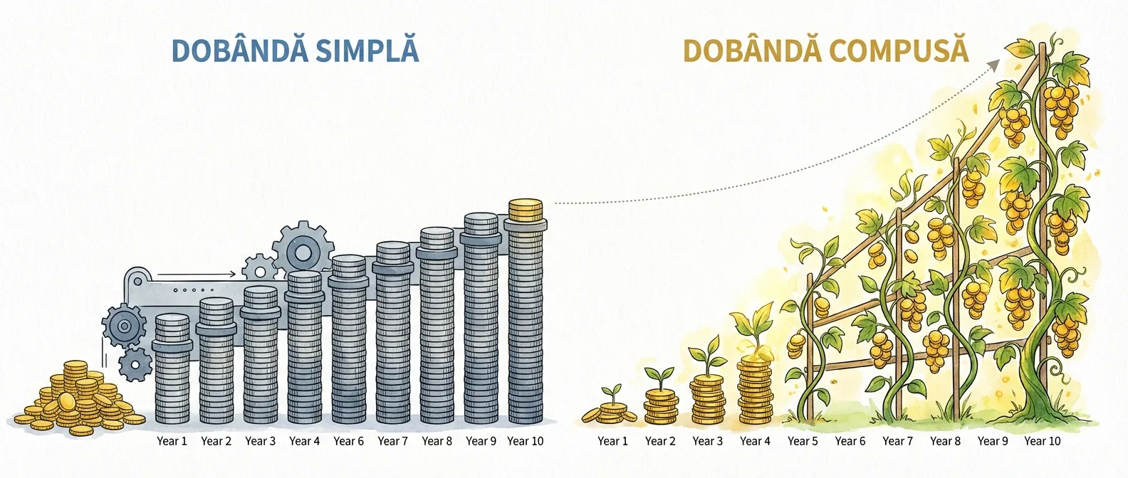 Dobânda simplă vs compusă — creștere mecanică uniformă față de creștere organică accelerată pe 10 ani