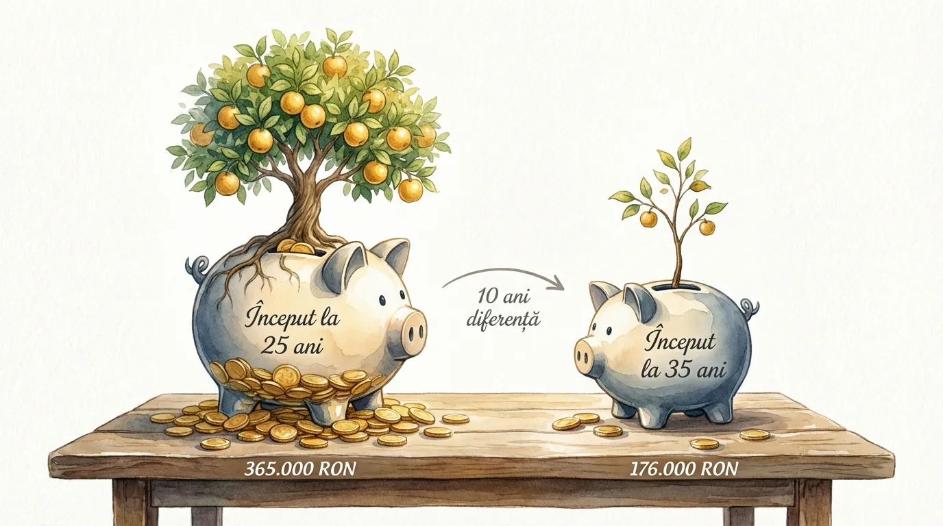 Două pușculițe — una începută la 25 de ani (365.000 RON) și una la 35 de ani (176.000 RON), aceeași contribuție, 10 ani diferență