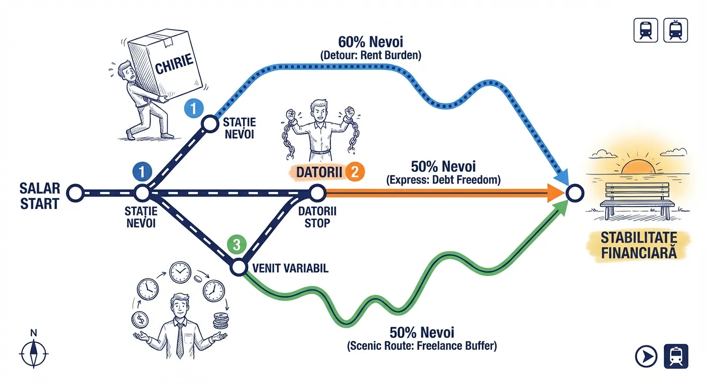 Hartă stilizată cu trei rute diferite spre stabilitate financiară, în funcție de situația ta