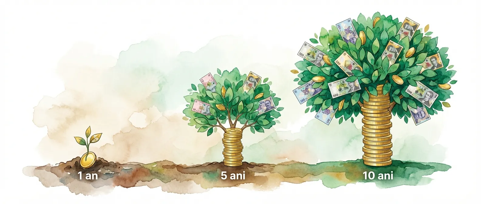 Ilustrație acuarelă: o monedă plantată crește într-un copac plin de bani pe parcursul a 1, 5 și 10 ani