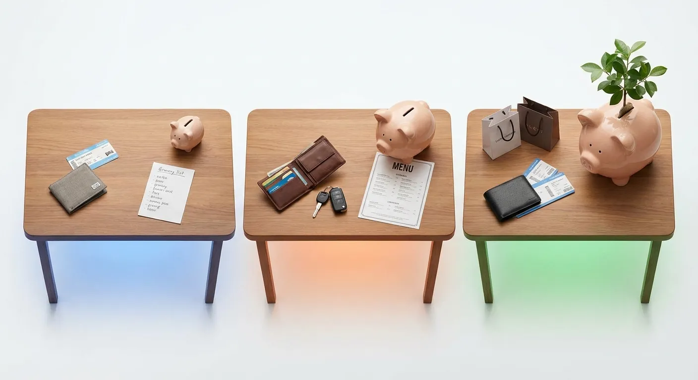 Trei bugete comparate vizual — de la modest la confortabil, fiecare cu obiectele care definesc stilul de viață